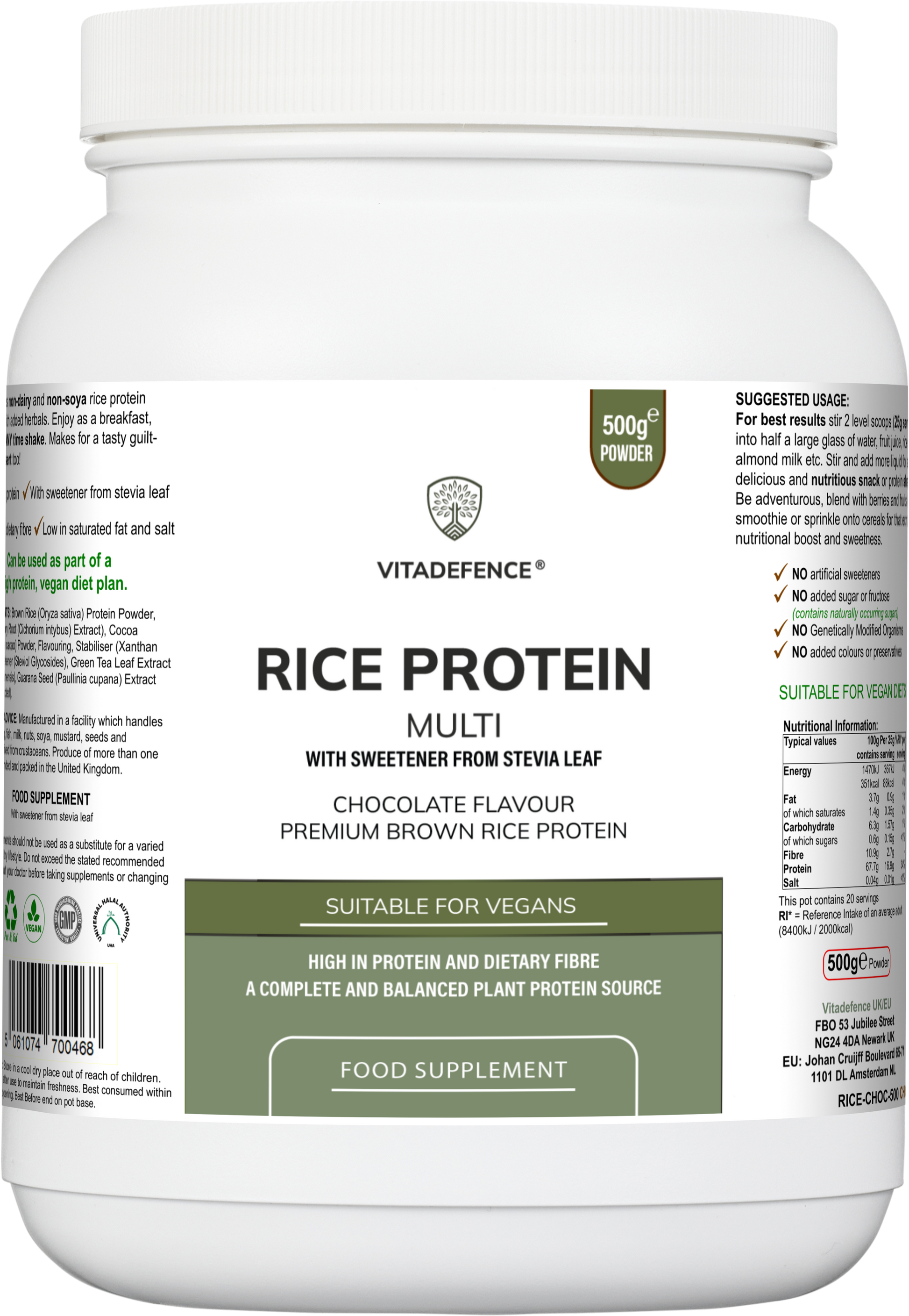 Vitadefence Rice Protein Multi chocolate flavor powder with green tea and guarana in a 500g round jar.