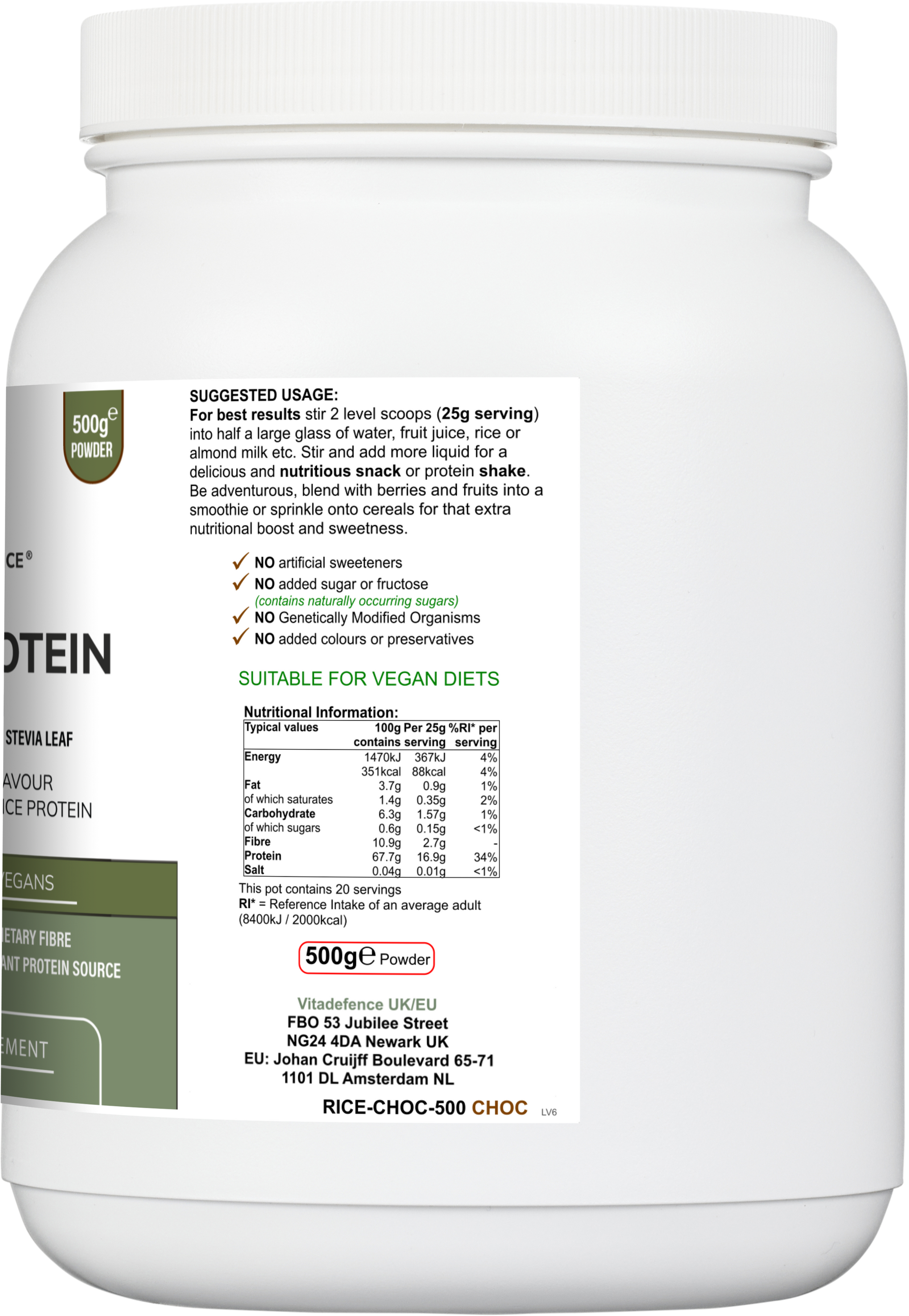Vitadefence Rice Protein Multi chocolate flavor powder with green tea and guarana in a 500g round container, side view.