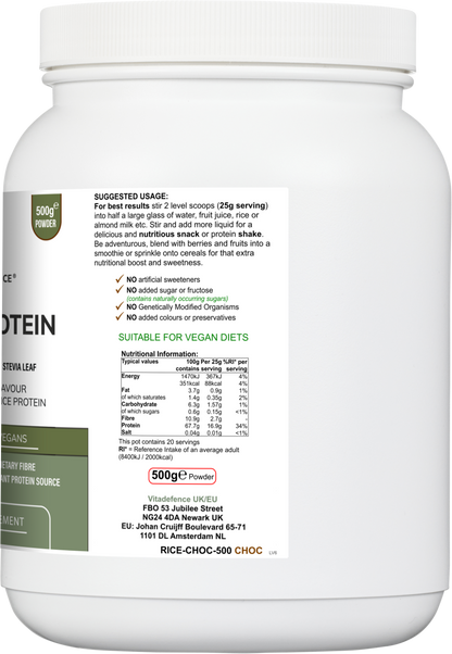 Vitadefence Rice Protein Multi chocolate flavor powder with green tea and guarana in a 500g round container, side view.
