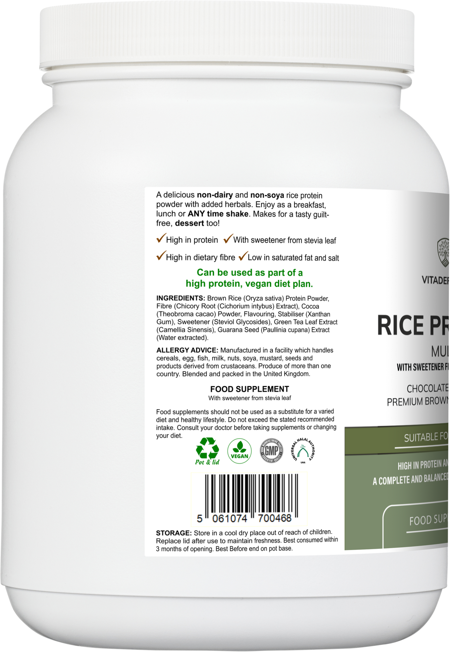 Vitadefence Rice Protein Multi chocolate flavor powder with green tea and guarana in a 500g round container.