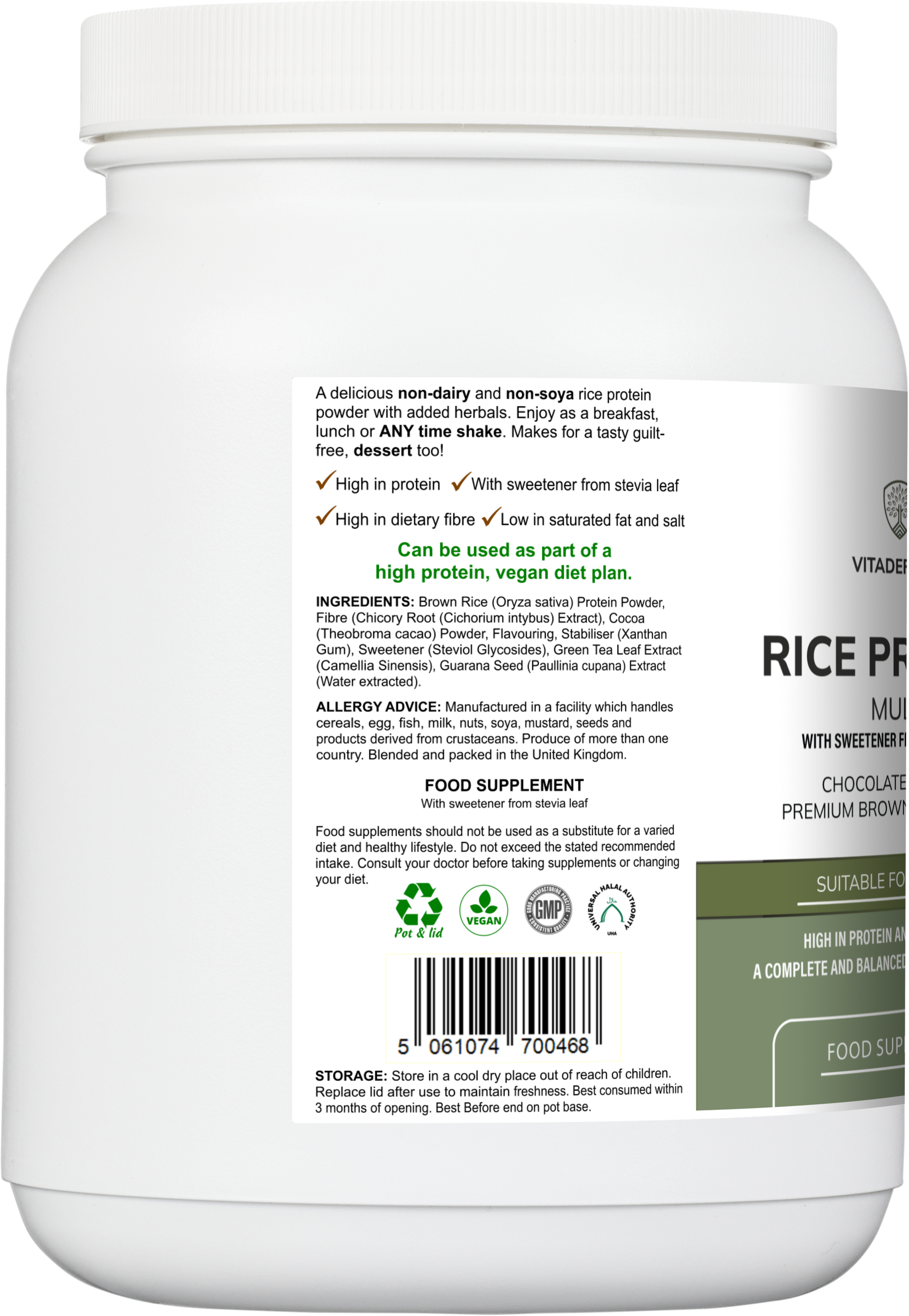 Vitadefence Rice Protein Multi chocolate flavor powder with green tea and guarana in a 500g round container.