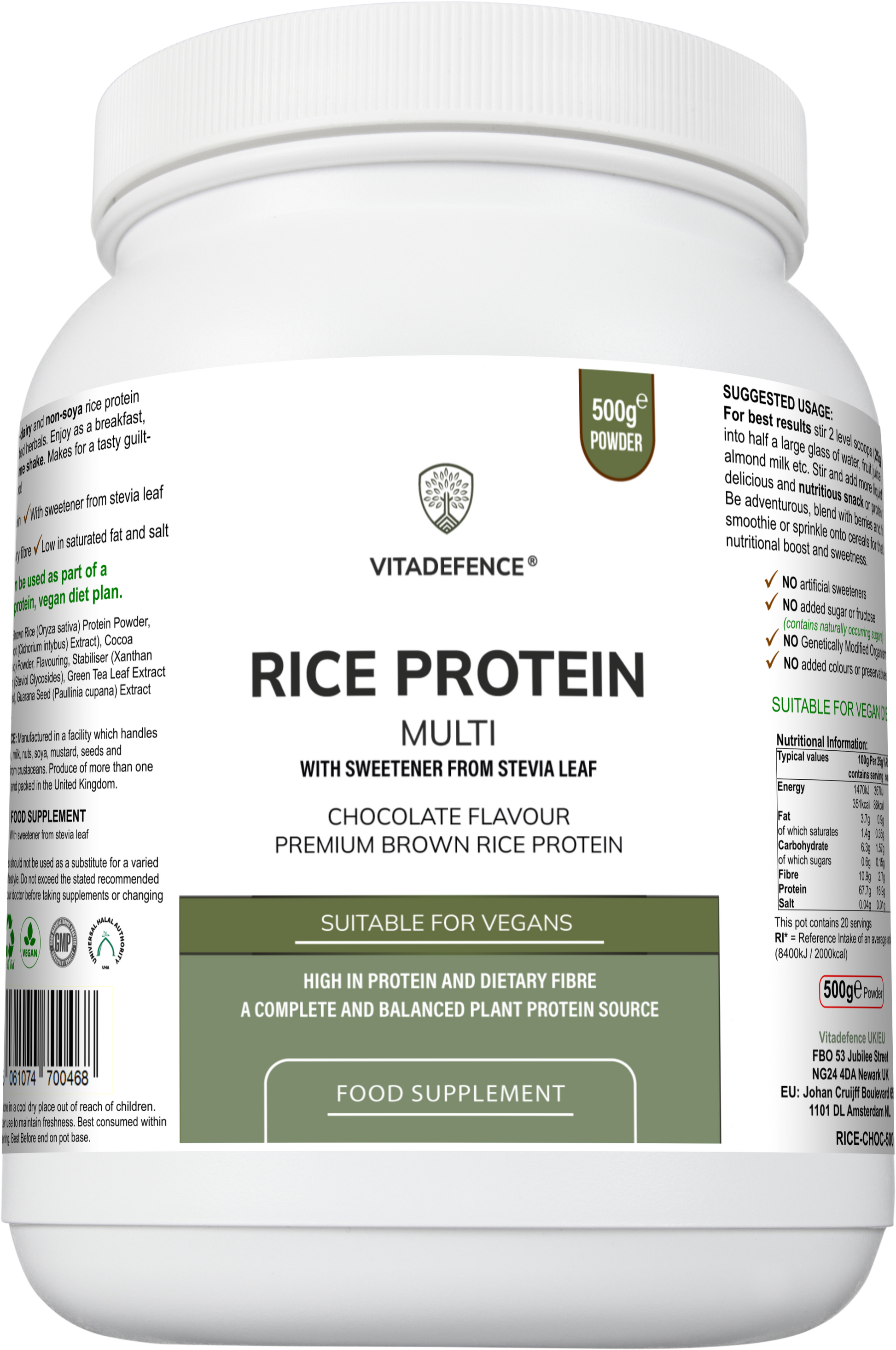 Vitadefence rice protein multi chocolate flavor powder in a 500g round jar with green tea and guarana ingredients.