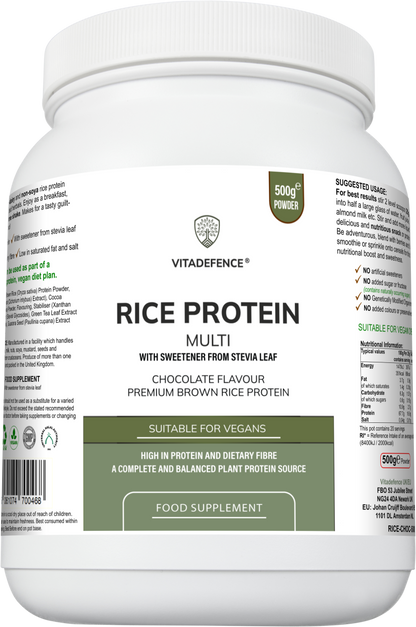 Vitadefence rice protein multi chocolate flavor powder in a 500g round jar with green tea and guarana ingredients.
