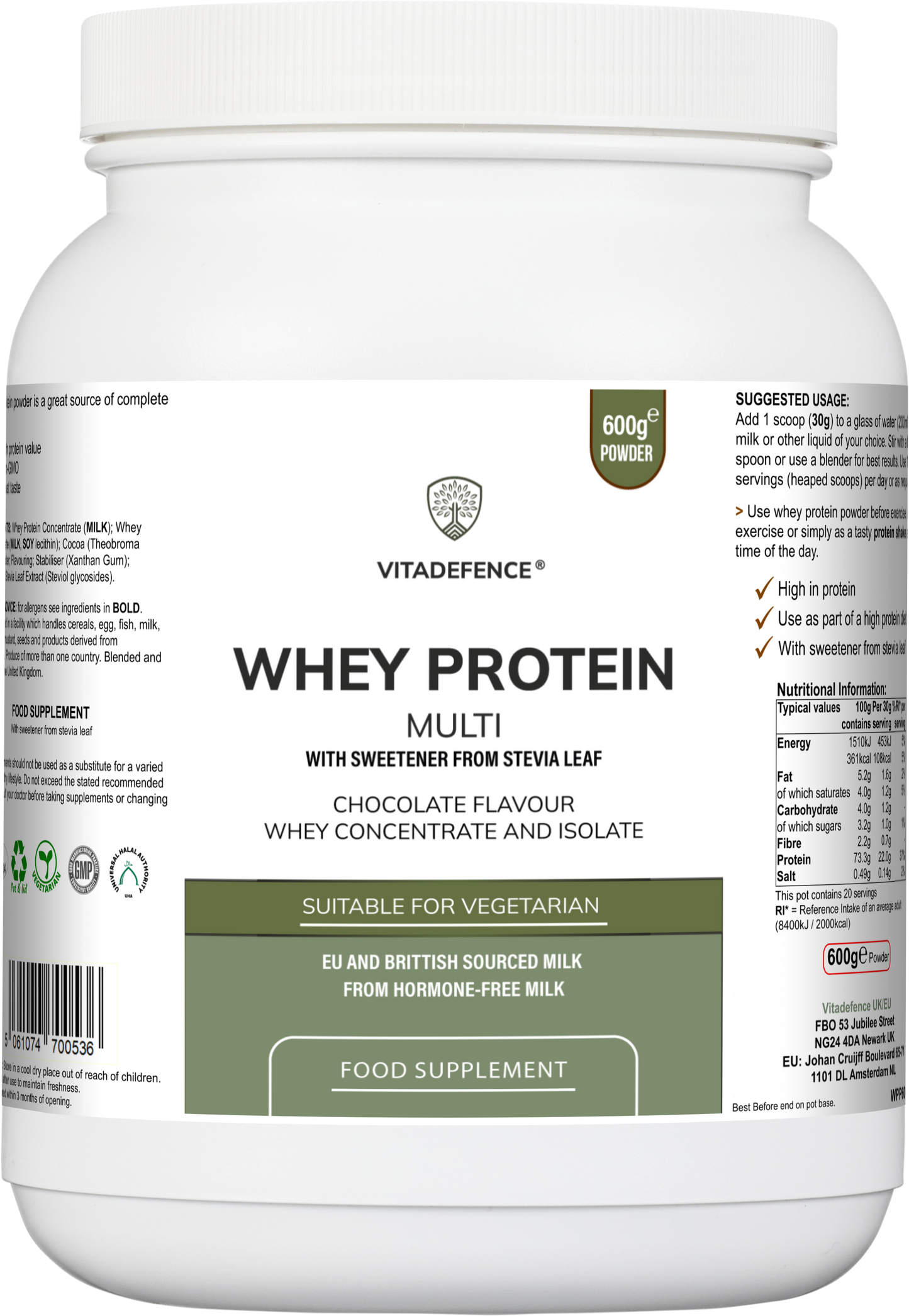 Vitadefence whey protein multi with chocolate flavor in a 600g round container, featuring a food supplement with stevia.