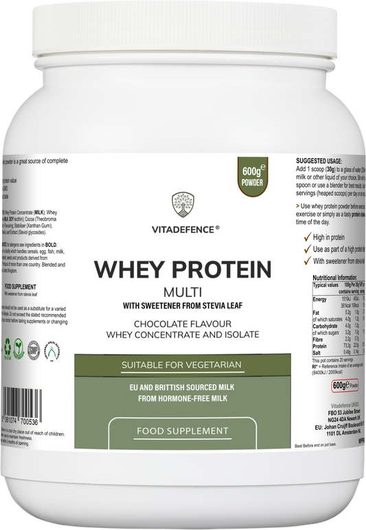 Vitadefence whey protein multi with chocolate flavor in a 600g round container, featuring a food supplement with stevia.