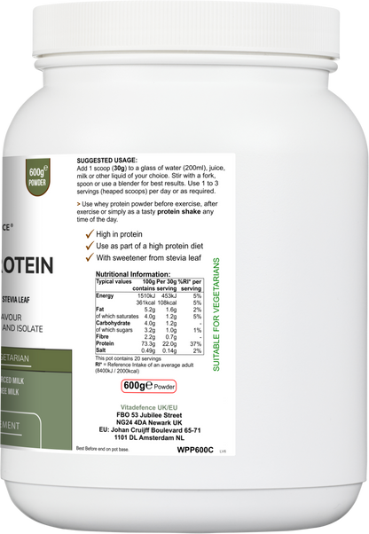 Vitadefence® Whey Protein Multi chocolate flavor supplement in a 600g round jar, side view showing label and product packaging.