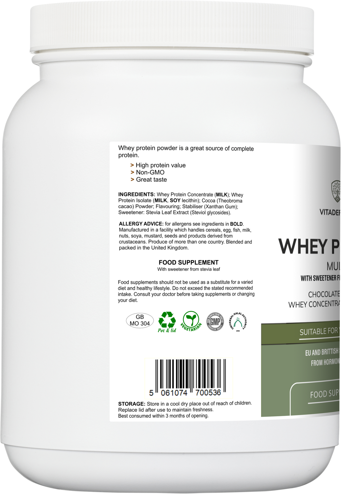 Vitadefence whey protein multi in chocolate flavor, 600g food supplement with Stevia, shown in round jar with label and scoop