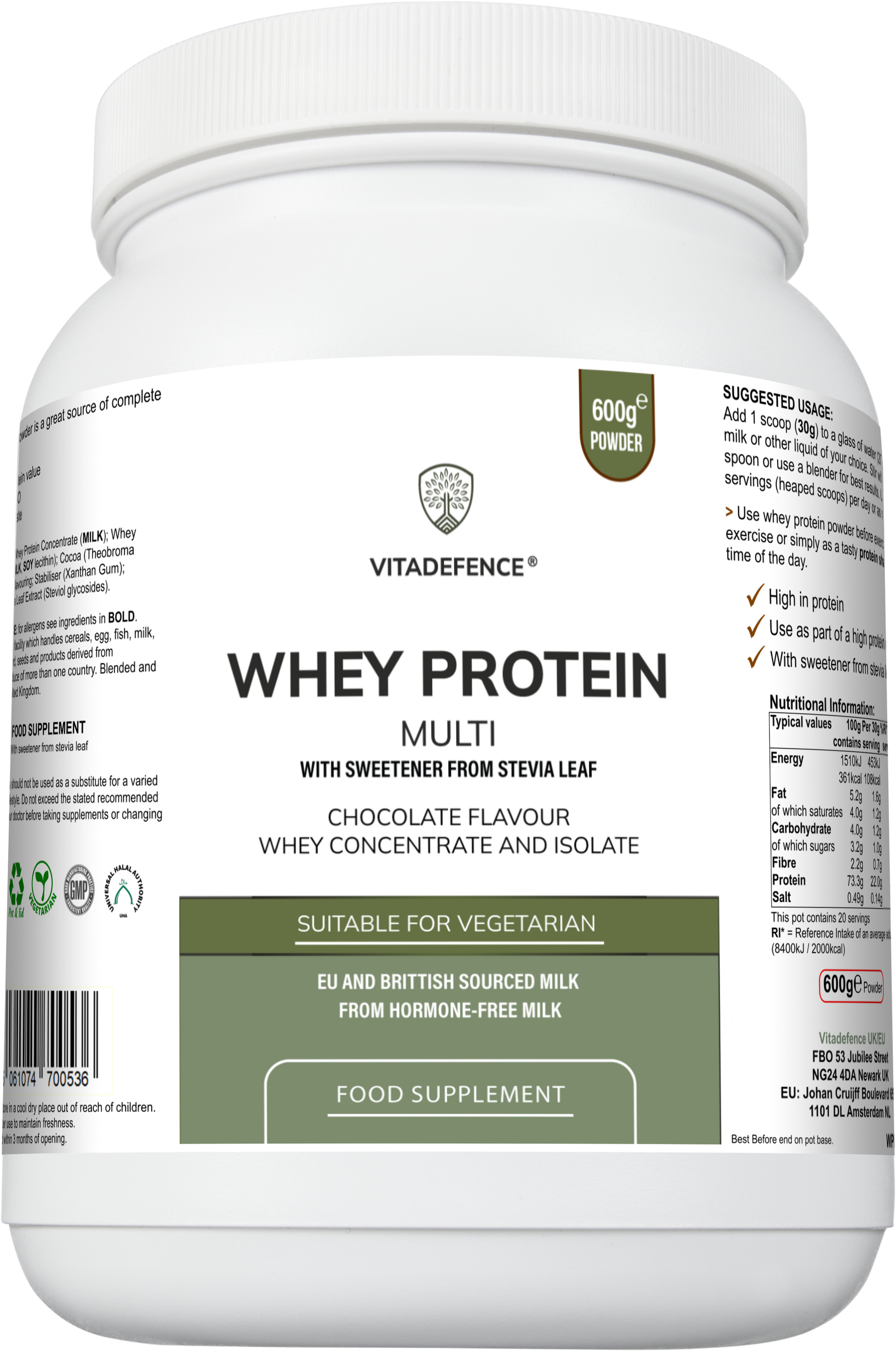 Vitadefence® Whey Protein Multi in chocolate flavor, 600g food supplement with Stevia, in a round pot container.