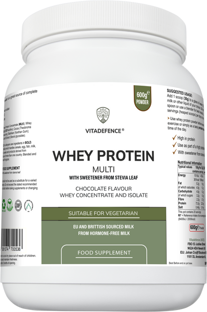 Vitadefence® Whey Protein Multi in chocolate flavor, 600g food supplement with Stevia, in a round pot container.