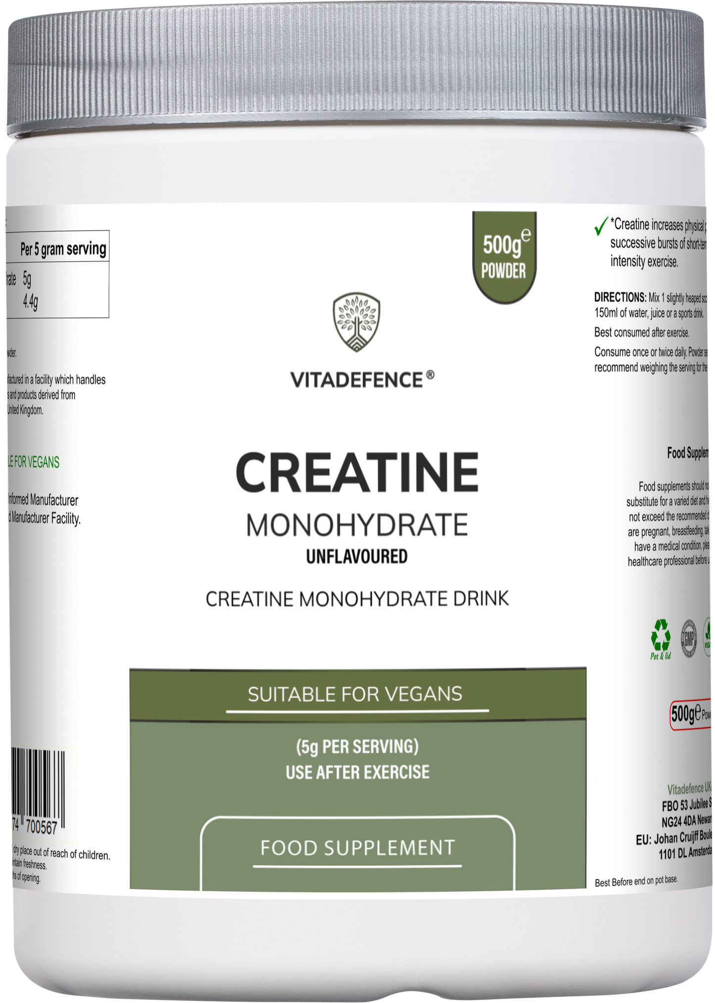 Pure unflavored Creatine Monohydrate powder in a silver round jar, 500g, by Vitadefence® for muscle support and supplement use.