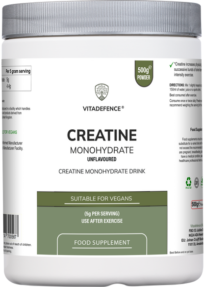 Pure unflavored Creatine Monohydrate powder in a silver round jar, 500g, by Vitadefence® for muscle support and supplement use.
