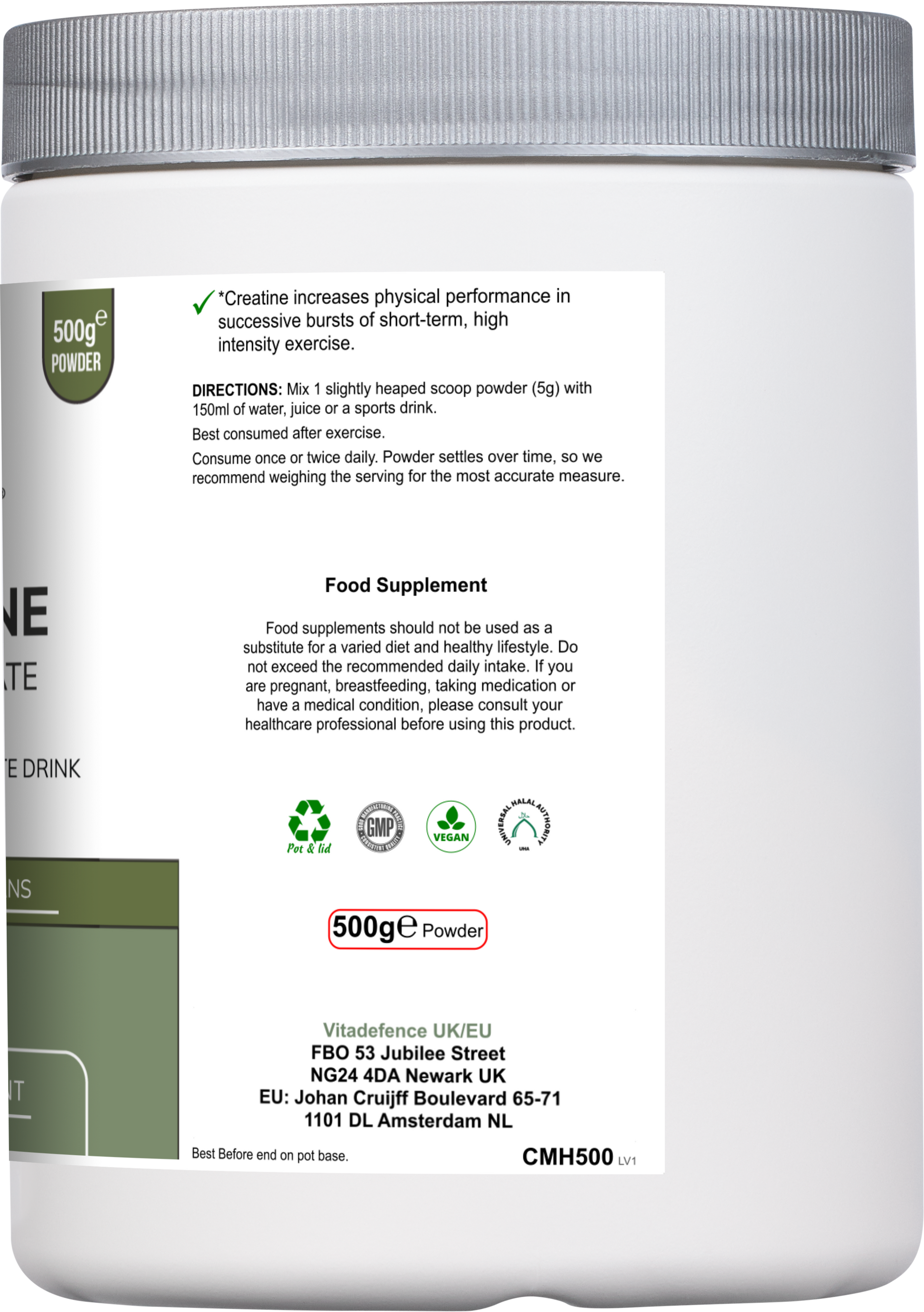 Pure unflavored Creatine Monohydrate powder in a round silver container, supplement from Vitadefence® for athletic performance.