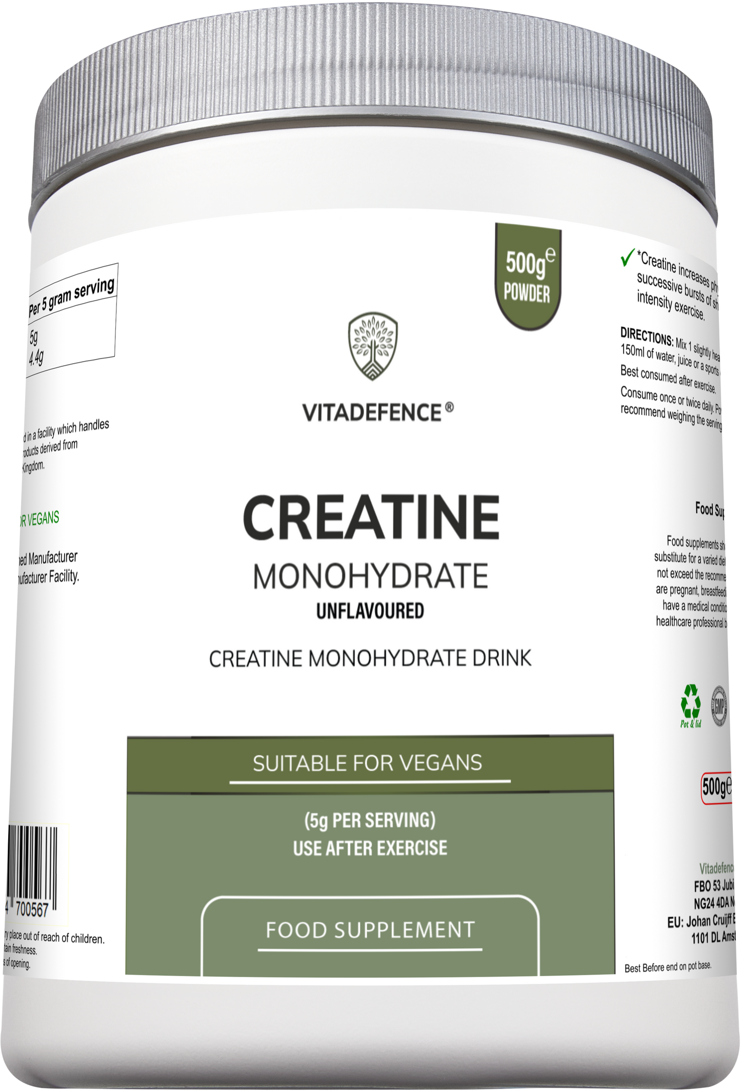 Vitadefence® Creatine Monohydrate powder in a round silver pot, unflavored supplement for muscle support, 500 g container.