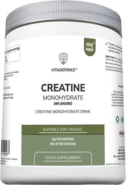 Vitadefence® Creatine Monohydrate powder in a round silver pot, unflavored supplement for muscle support, 500 g container.