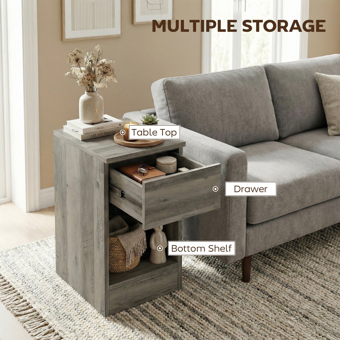 Set of two modern grey storage bedside tables by Wise Galleria, featuring sleek design and convenient drawers for bedroom organization.