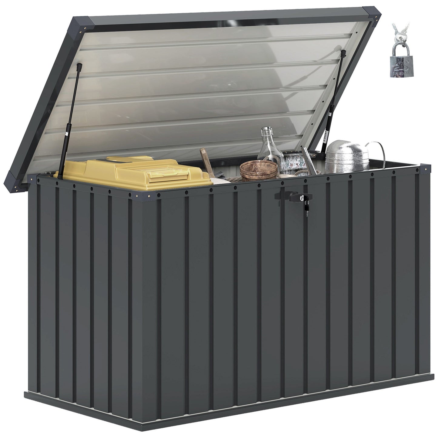 Waterproof metal outdoor storage box with lock and keys, 400L capacity, ideal for garden storage by Outsunny.