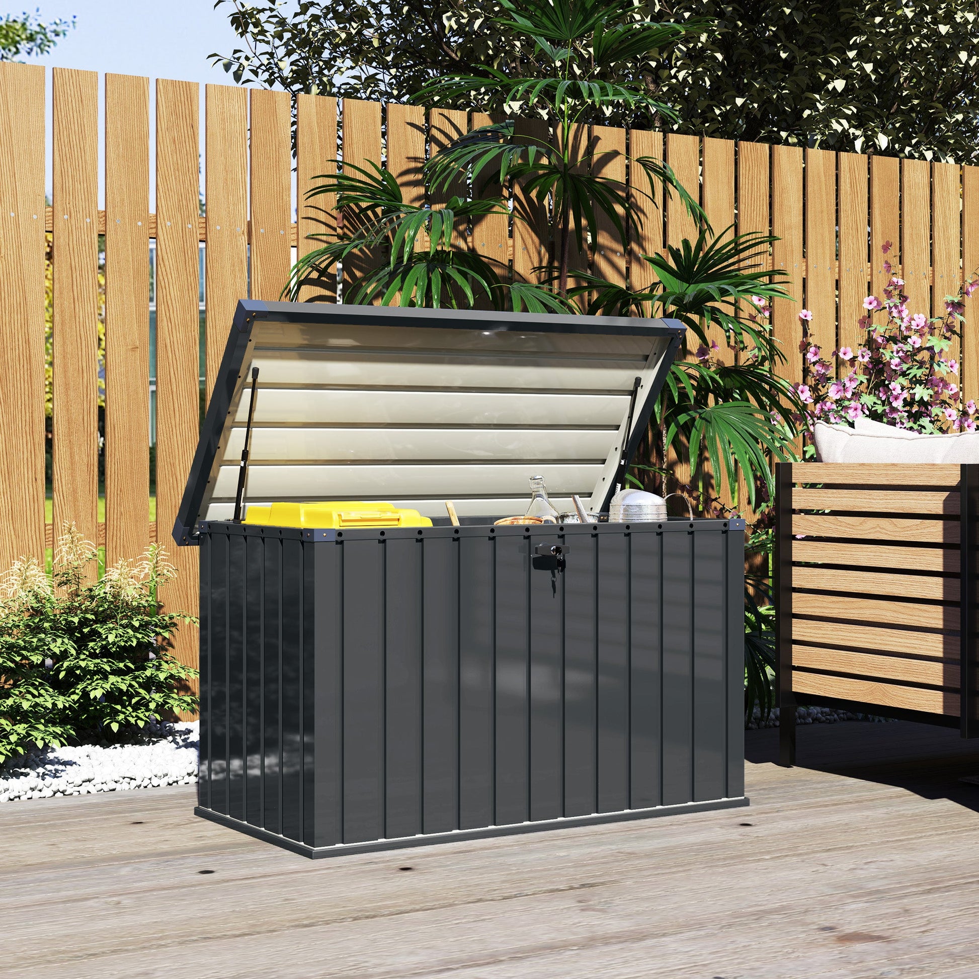 Outsunny 400L waterproof metal outdoor storage box with lock and keys, suitable for garden storage and outdoor use