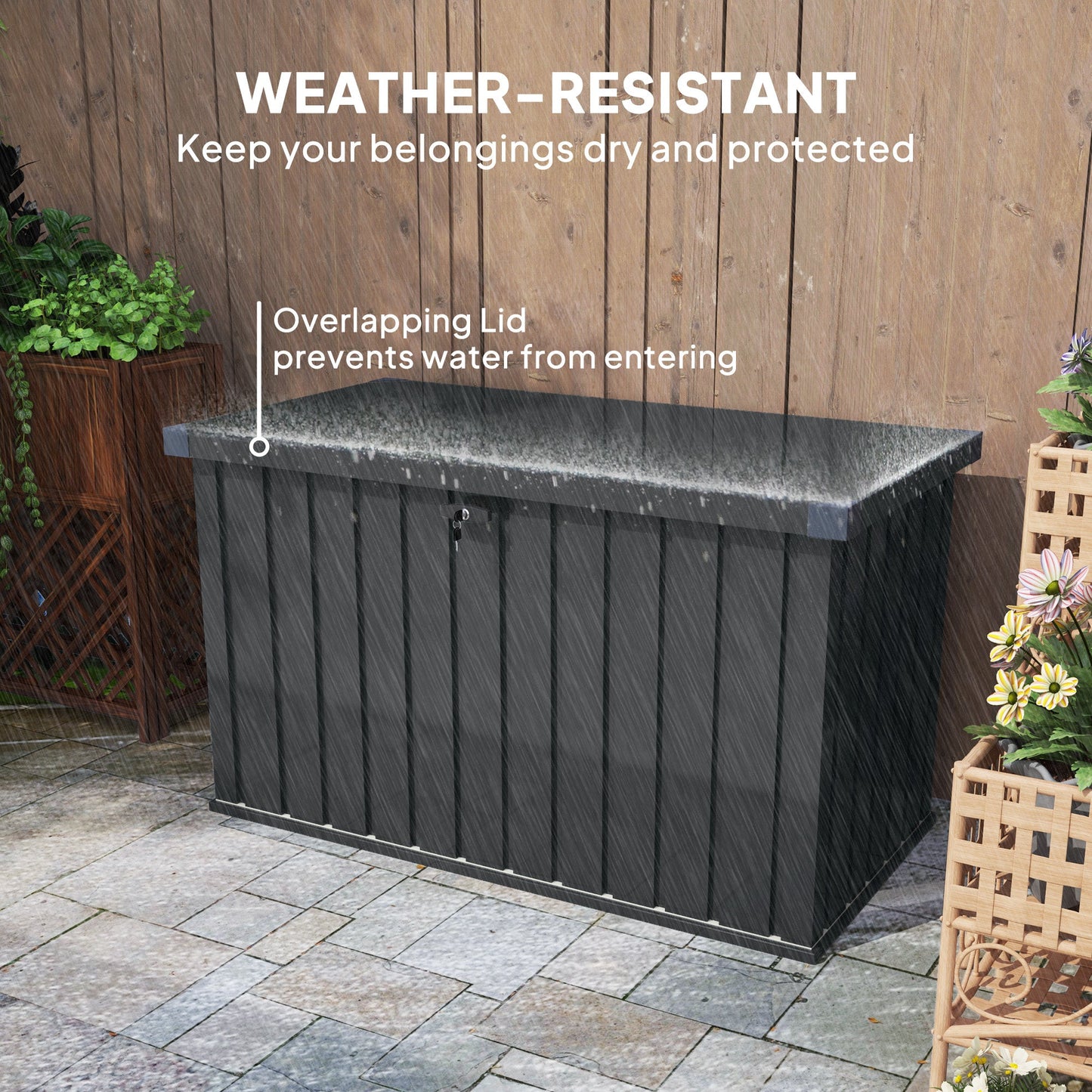 Outsunny 400L waterproof metal outdoor storage box with lock and keys, designed for garden storage and outdoor organization.