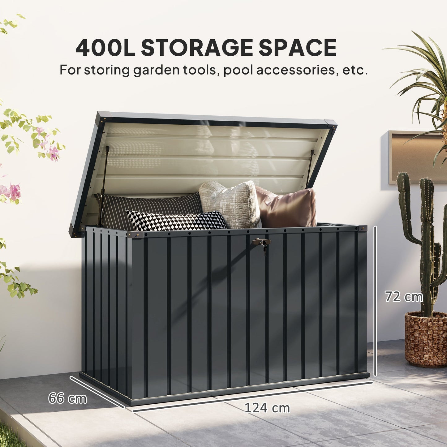 Outsunny 400L waterproof metal outdoor storage box with lock and keys, suitable for garden organization and outdoor storage.