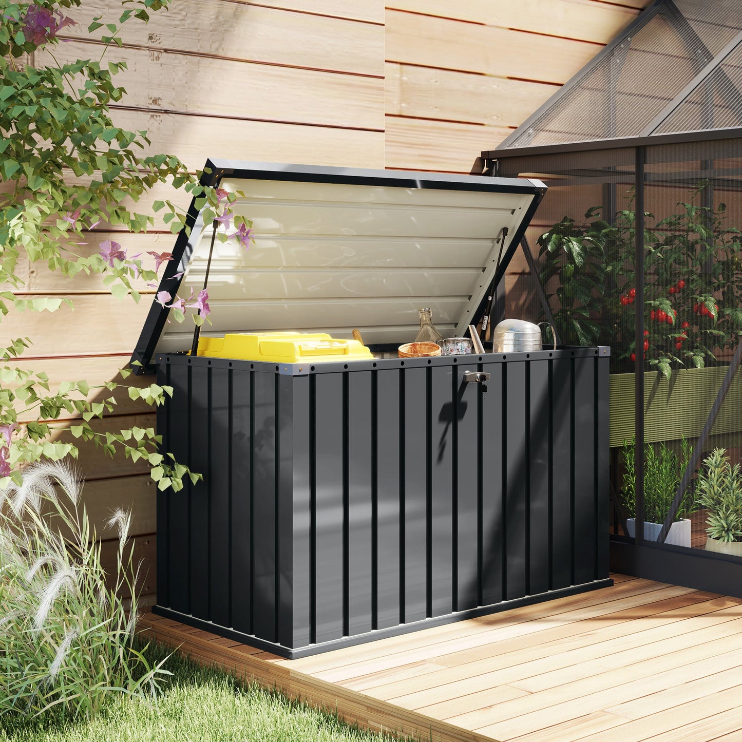 Outsunny 400L waterproof metal outdoor storage box with lock and keys, suitable for garden storage and outdoor organization.