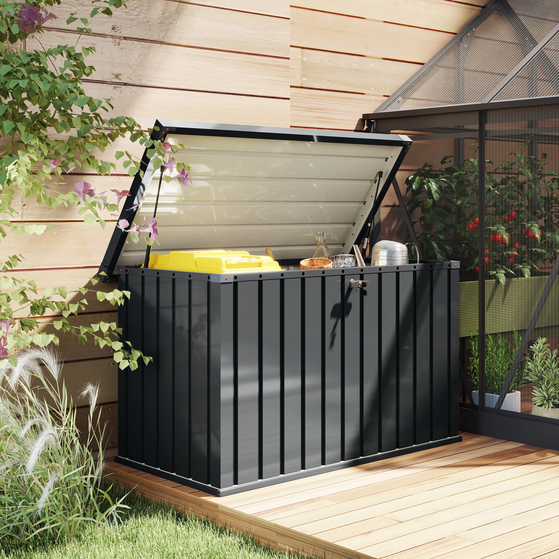 Outsunny 400L waterproof metal outdoor storage box with lock and keys, suitable for garden storage and outdoor organization.