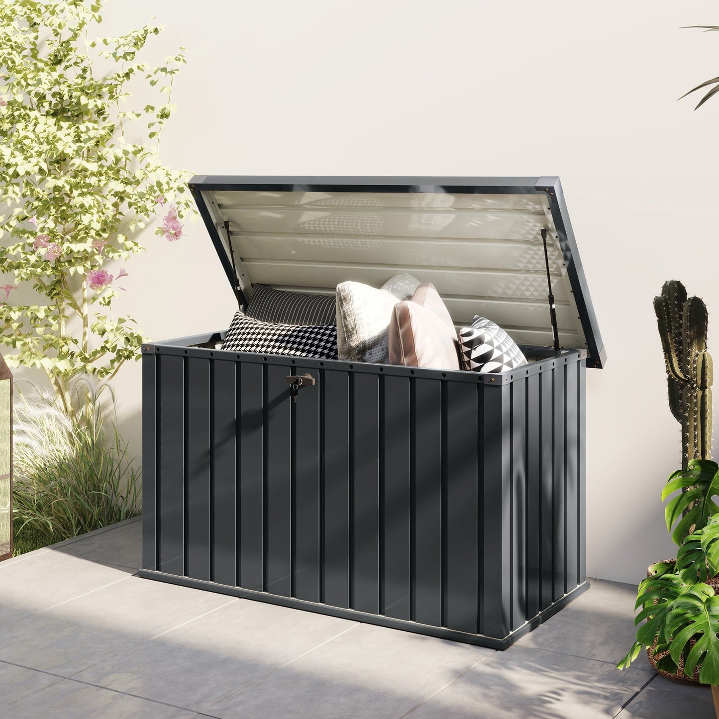 Outsunny 400L waterproof metal outdoor storage box with lock and keys, ideal for garden storage and outdoor organization.
