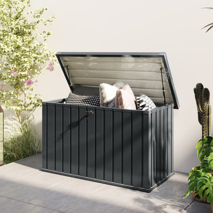 Outsunny 400L waterproof metal outdoor storage box with lock and keys, ideal for garden storage and outdoor organization.