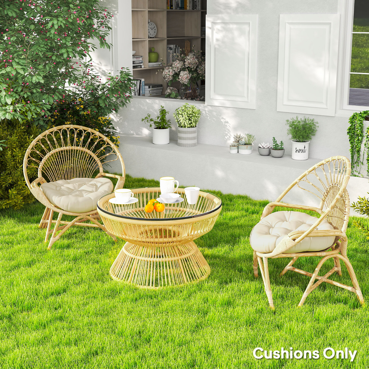 Set of two Outsunny outdoor tufted round chair cushions, garden seat pads with plush, tufted fabric for outdoor seating comfort.