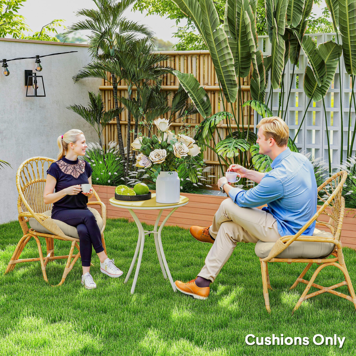 Set of two Outsunny outdoor tufted round chair cushions for garden seating, featuring plush padding and durable fabric.
