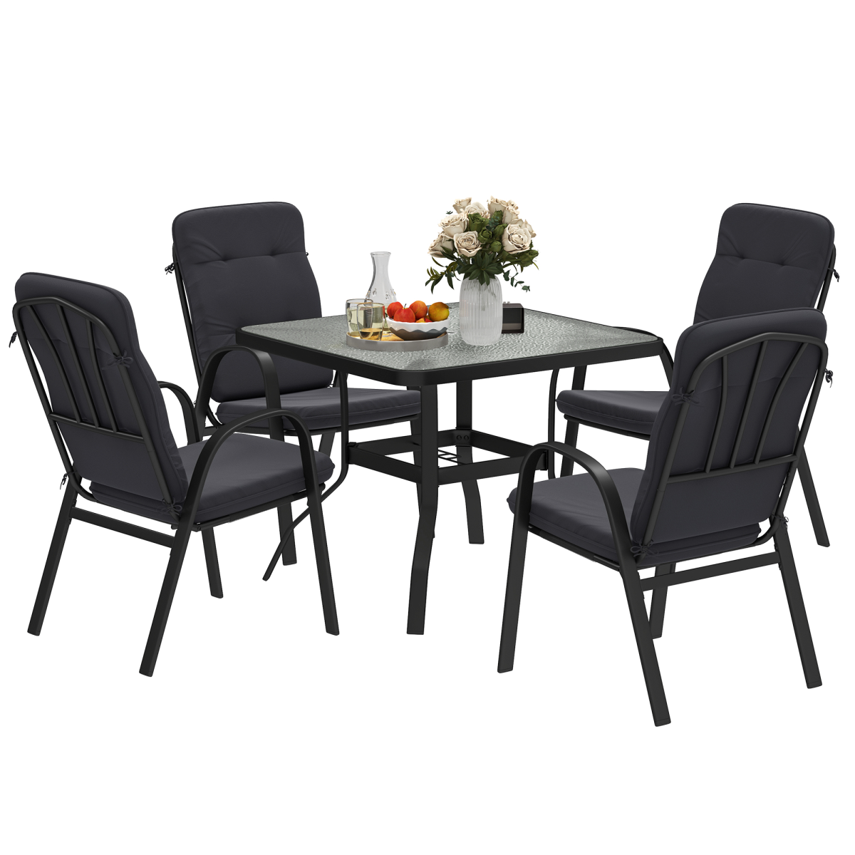 Outsunny garden dining set with glass table featuring an umbrella hole, perfect for outdoor patio and garden dining.