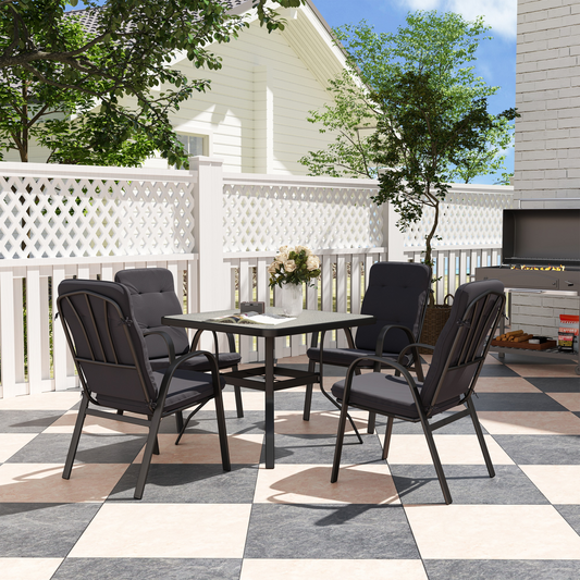 Outsunny garden dining set with glass table featuring an umbrella hole and matching chairs, ideal for outdoor patio dining.