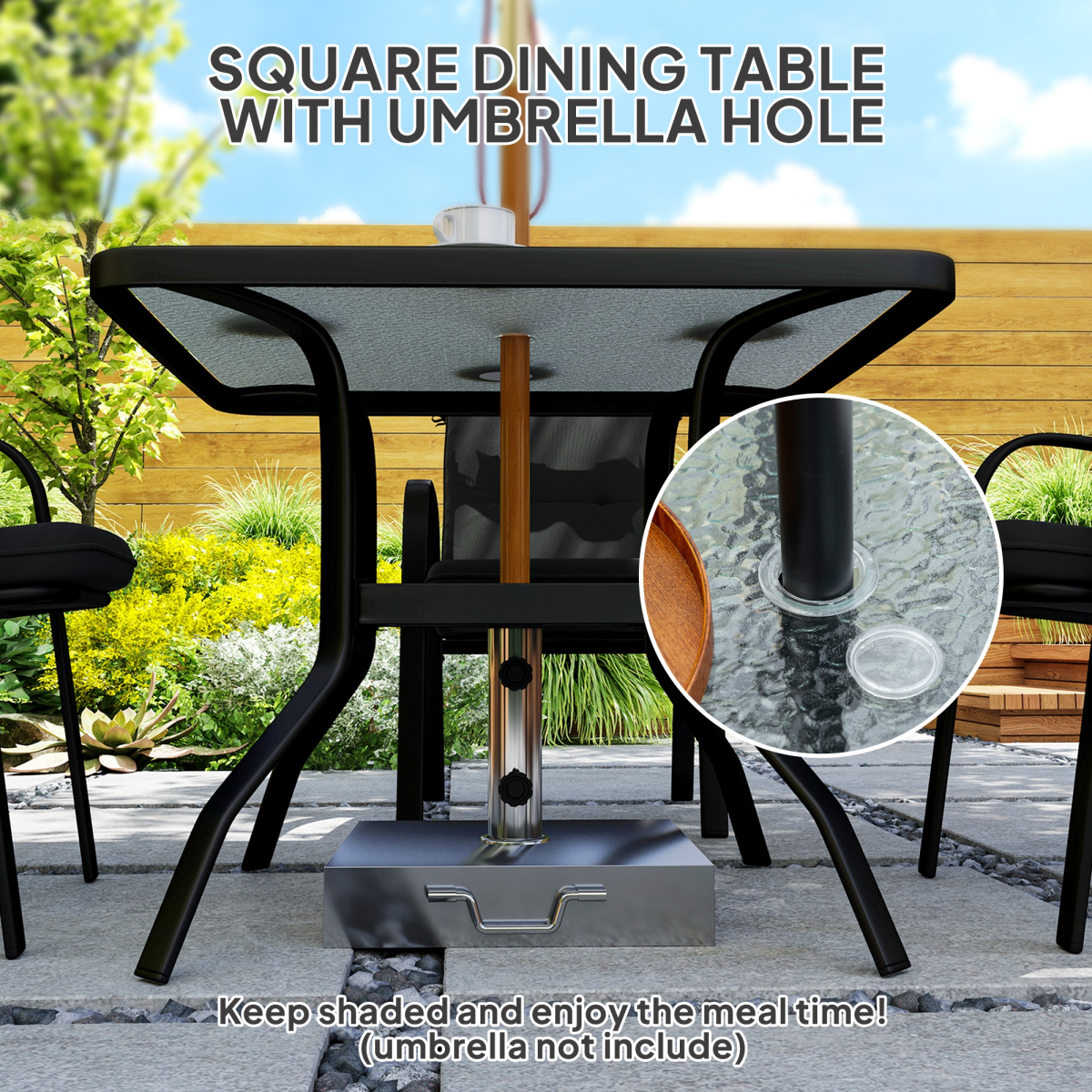 Outsunny garden dining set with glass table featuring an umbrella hole, ideal for outdoor patio or garden dining.