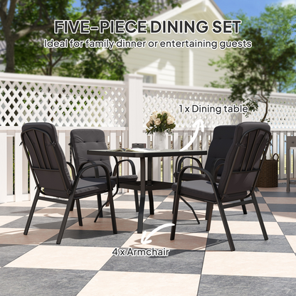 Outsunny garden dining set with glass table featuring umbrella hole and matching chairs for outdoor patio use.