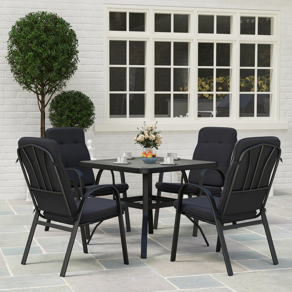 Outsunny garden dining set with glass table featuring an umbrella hole and matching chairs for outdoor seating.