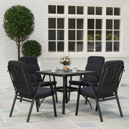 Outsunny garden dining set with glass table featuring an umbrella hole and matching chairs for outdoor seating.