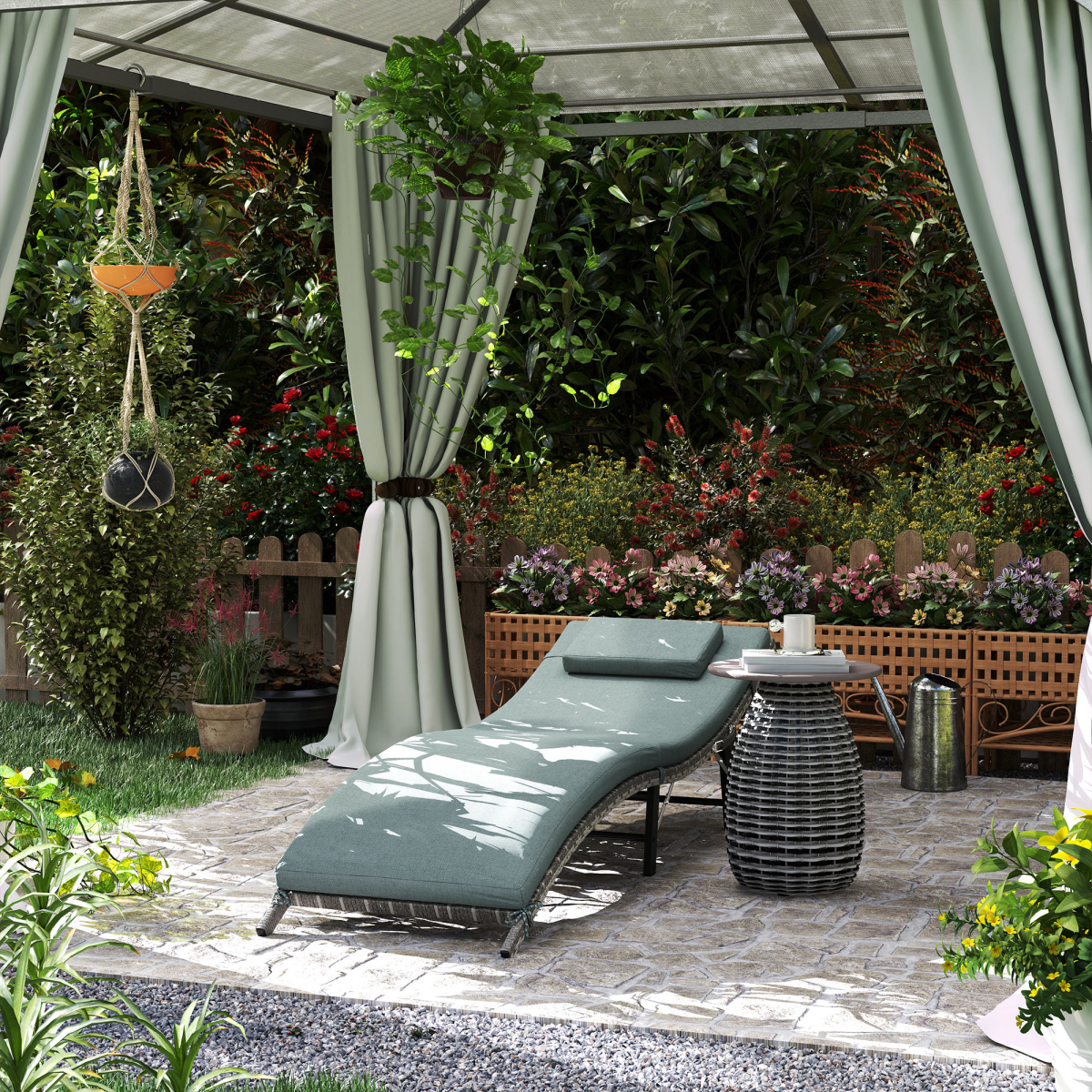 Outsunny folding rattan sun lounger with cushion and pillow, ideal for garden relaxation and outdoor lounging.