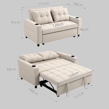 HOMCOM 2 Seater Pull Out Sofa Bed with Pockets | Beige 3-in-1 Convertible Sofa