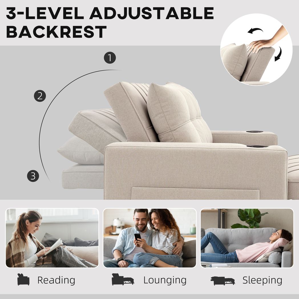 HOMCOM 2 Seater Pull Out Sofa Bed with Pockets | Beige 3-in-1 Convertible Sofa