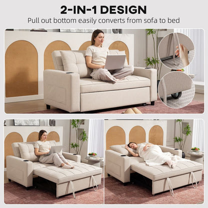 HOMCOM 2 Seater Pull Out Sofa Bed with Pockets | Beige 3-in-1 Convertible Sofa
