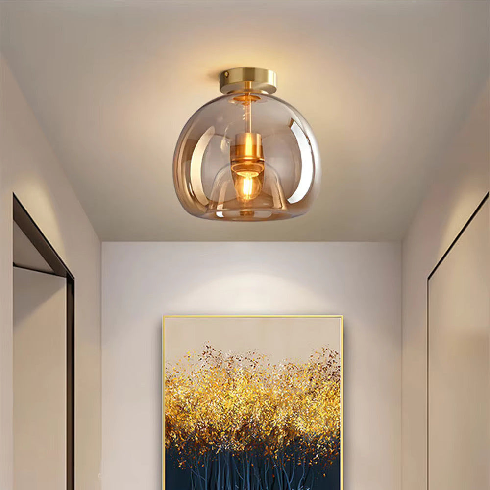 Black and gold dome semi-flush glass ceiling light with E27 socket, suitable for bedroom and bathroom illumination.