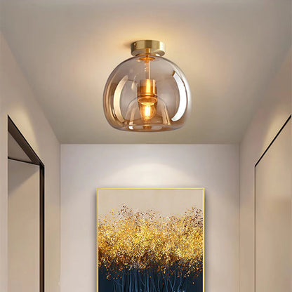 Black and gold dome semi-flush glass ceiling light with E27 socket, suitable for bedroom and bathroom illumination.
