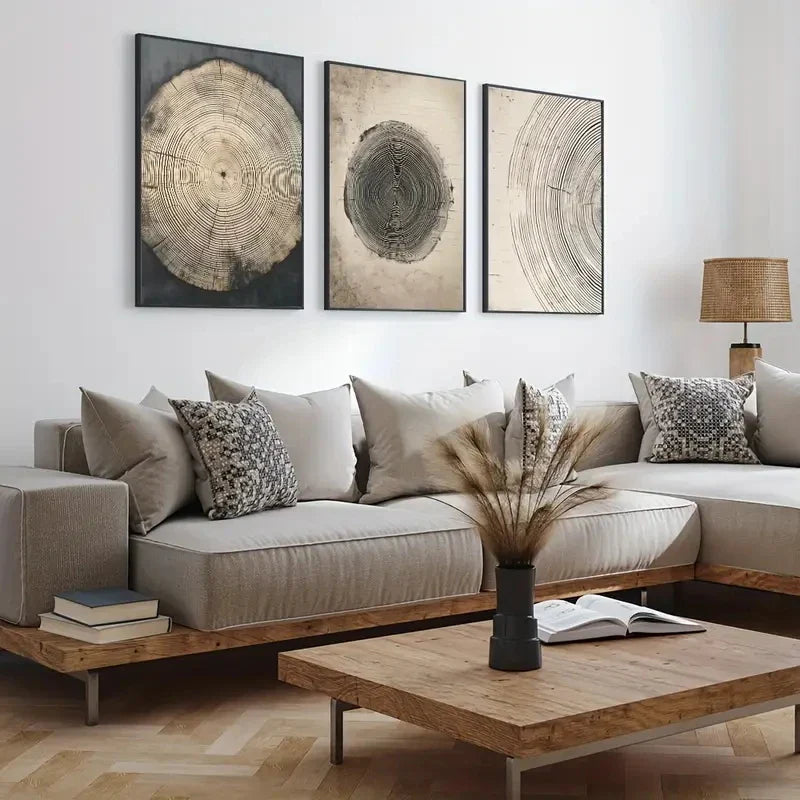 Set of three minimalist boho tree ring posters by DArtano, wall decor featuring natural earthy tones and simple design.