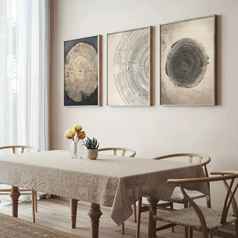 Three minimalist boho tree ring posters from DArtano, featuring natural wood textures and simple nature-inspired wall art designs.