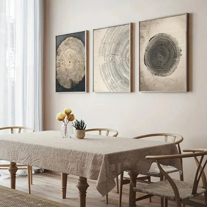Three minimalist boho tree ring posters from DArtano, featuring natural wood textures and simple nature-inspired wall art designs.