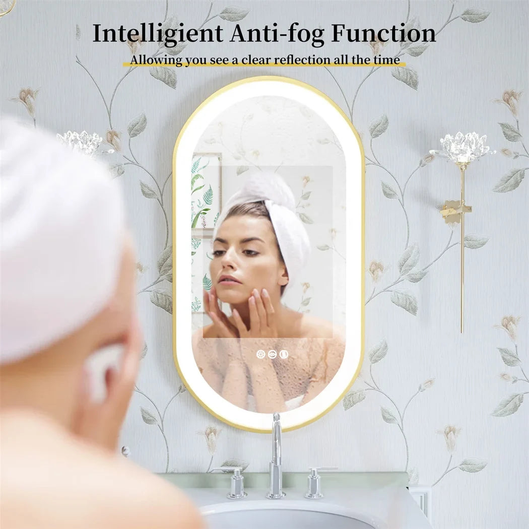 Woman applying cream in front of a mirror with an intelligent anti-fog function label.