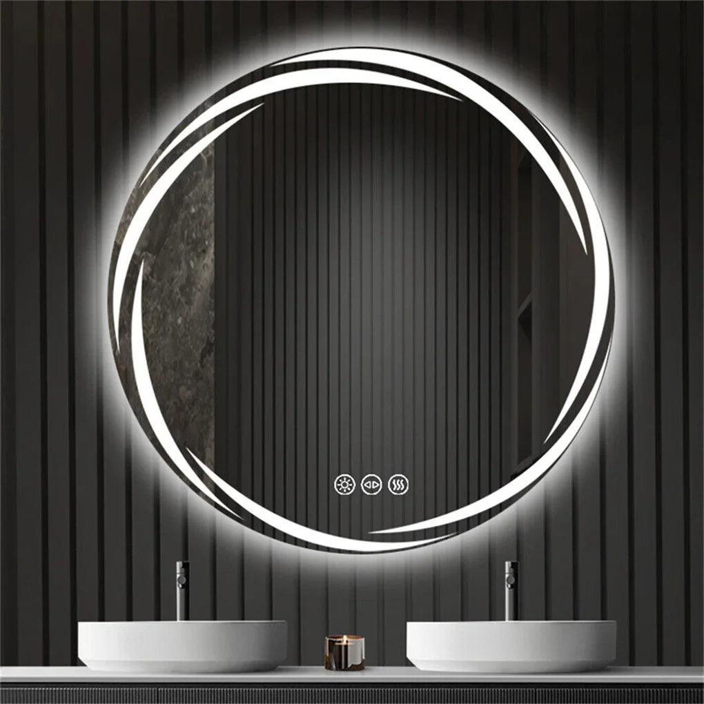 Round illuminated bathroom mirror with control buttons on a dark wall.