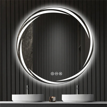 Round illuminated bathroom mirror with control buttons on a dark wall.
