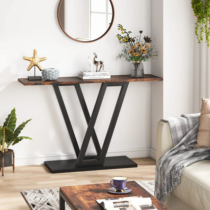 Klassyx industrial console table with metal frame and wooden top, modern furniture piece for entryway or living room decor