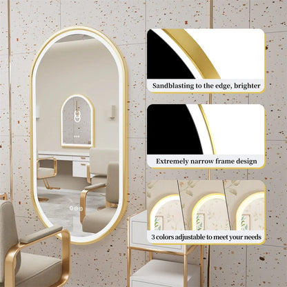 Modern vanity mirror with gold frame and lighting, featuring text on color options.
