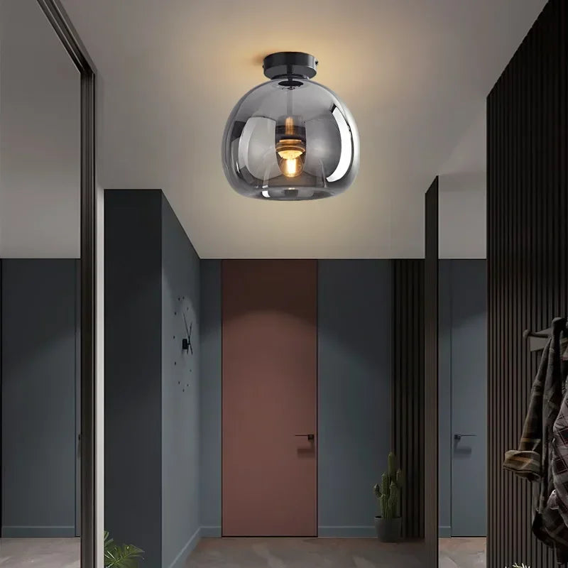 Black and gold dome semi-flush glass ceiling light with E27 socket, ideal for bedroom and bathroom lighting by Light My House